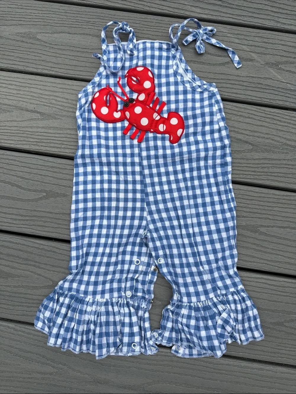 Mud Pie Blue Gingham Ruffle Strap Romper with Red Crab Applique